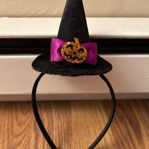 Black Witch Hat Headband with Purple Bow and Gold Pumpkin